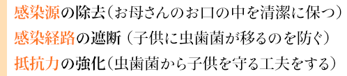 感染源の除去（お母さんのお口の中を清潔に保つ）
感染経路の遮断（子供に虫歯菌が移るのを防ぐ）
抵抗力の強化（虫歯菌から子供を守る工夫をする）